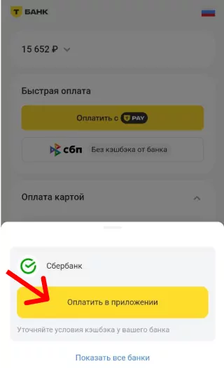 Нажатие Оплатить в приложении банка